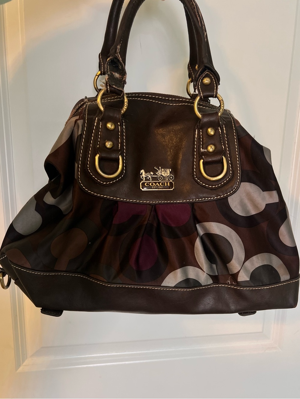 Coach Brown Signature Bag with Horse and Carriage Logo and Plum Accents